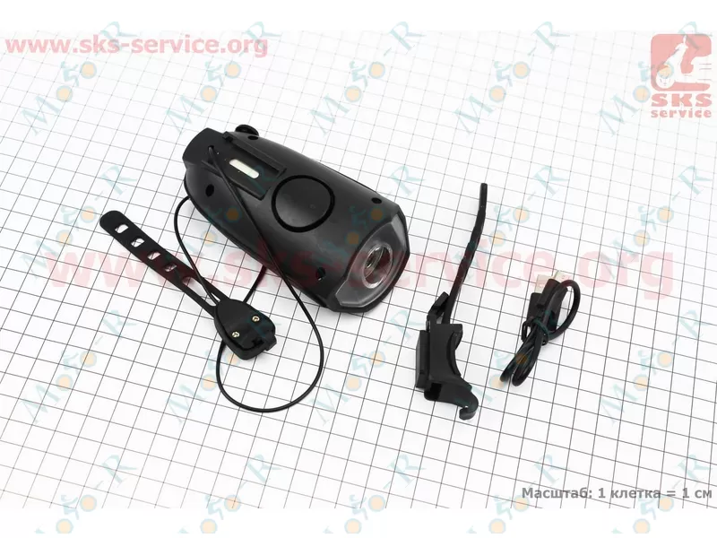 Фото 3 - Фонарь передний 1 диод + звонок 5 мелодий, Li-ion 3.7V 1200mAh зарядка от USB, влагозащитный, черный FY-058