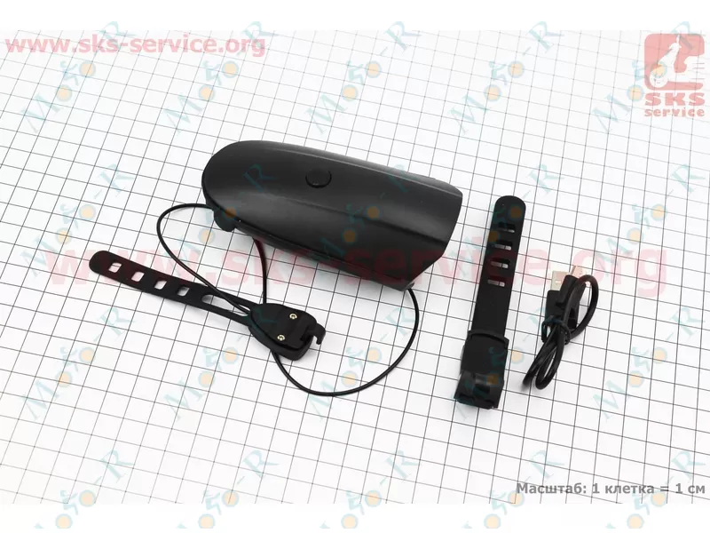 Фото 2 - Фонарь передний 1 диод + звонок 5 мелодий, Li-ion 3.7V 1200mAh зарядка от USB, влагозащитный, черный FY-058
