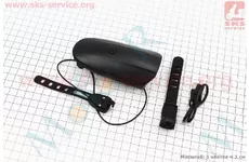 Ліхтар передній 1 діод + дзвінок 5 мелодій, Li-ion 3.7V 1200mAh зарядка від USB, вологозахисний, чорний FY-058