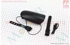 Фонарь передний 1 диод + звонок 5 мелодий, Li-ion 3.7V 1200mAh зарядка от USB, влагозащитный, черный FY-058