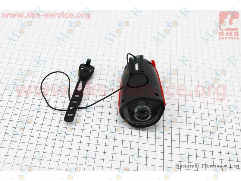 Фото 4 - Фонарь передний 1 диод + звонок 5 мелодий, Li-ion 3.7V 1200mAh зарядка от USB, влагозащитный, черно-красный FY-058/7588