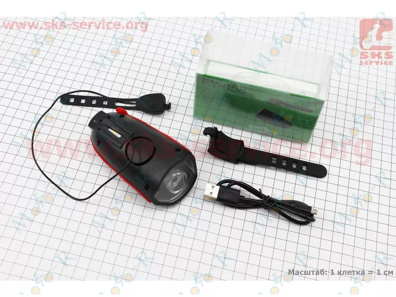 Фото 2 - Фонарь передний 1 диод + звонок 5 мелодий, Li-ion 3.7V 1200mAh зарядка от USB, влагозащитный, черно-красный FY-058/7588