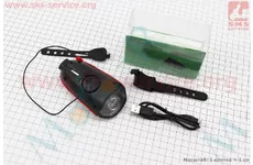 Ліхтар передній 1 діод + дзвінок 5 мелодій, Li-ion 3.7V 1200mAh зарядка від USB, вологозахисний, чорно-червоний FY-058/7588