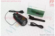 Ліхтар передній 1 діод + дзвінок 5 мелодій, Li-ion 3.7V 1200mAh зарядка від USB, вологозахисний, чорно-червоний FY-058/7588