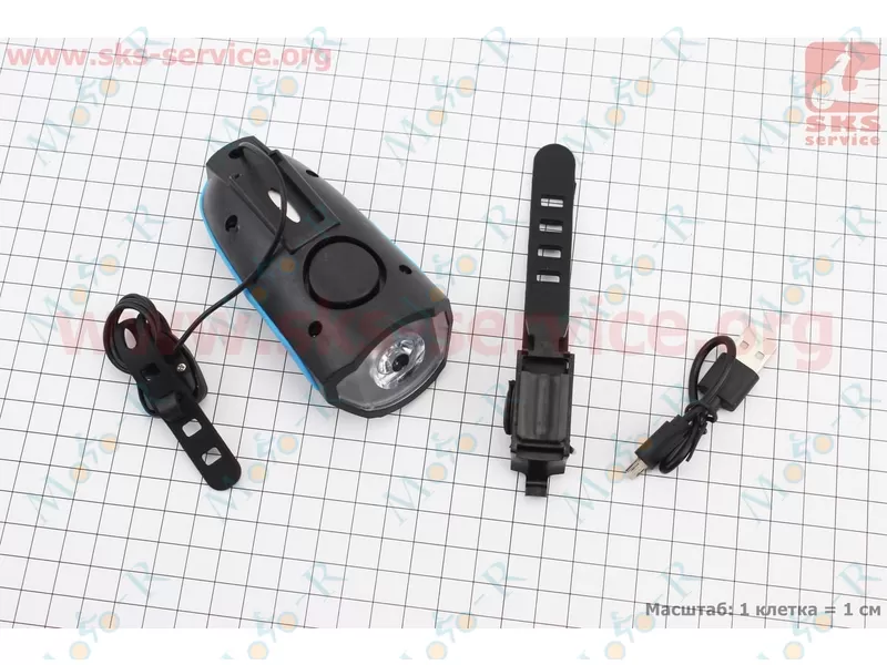 Фото 3 - Фонарь передний 1 диод + звонок 5 мелодий, Li-ion 3.7V 1200mAh зарядка от USB, влагозащитный, черно-синий FY-058/7588