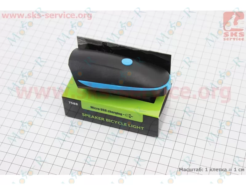 Фото 4 - Фонарь передний 1 диод + звонок 5 мелодий, Li-ion 3.7V 1200mAh зарядка от USB, влагозащитный, черно-синий FY-058/7588