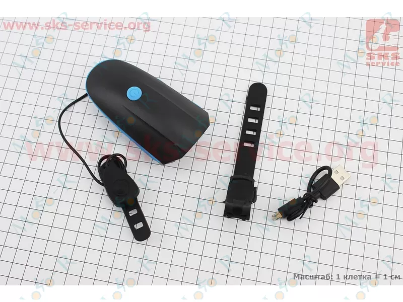 Фото 2 - Фонарь передний 1 диод + звонок 5 мелодий, Li-ion 3.7V 1200mAh зарядка от USB, влагозащитный, черно-синий FY-058/7588