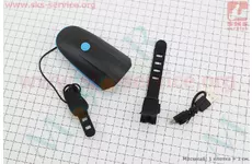 Ліхтар передній 1 діод + дзвінок 5 мелодій, Li-ion 3.7V 1200mAh зарядка від USB, вологозахисний, чорно-синій FY-058/7588