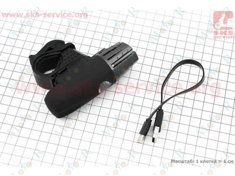 Фото 3 - Фонарь передний 1 диод 200 lumen, Li-ion 3.7V 1200mAh зарядка от USB, влагозащитный, черно-серый