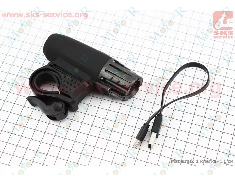 Фото 2 - Фонарь передний 1 диод 200 lumen, Li-ion 3.7V 1200mAh зарядка от USB, влагозащитный, черно-серый