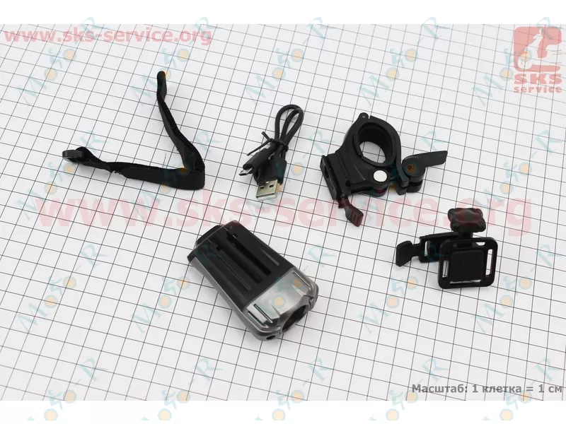 Фото 3 - Фонарь передний 1 диод 300 lumen, Li-ion 3.7V 1200mAh зарядка от USB, влагозащитный, черно-серый HJ-049