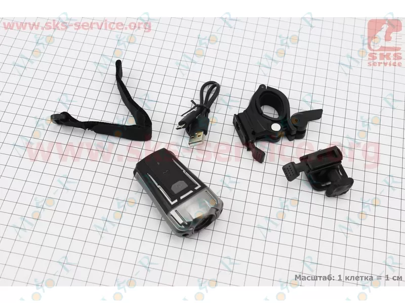 Фото 2 - Фонарь передний 1 диод 300 lumen, Li-ion 3.7V 1200mAh зарядка от USB, влагозащитный, черно-серый HJ-049