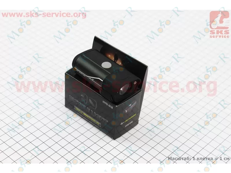Фото 4 - Фонарь передний 1 диод алюминиевый, Li-ion 3.7V 850mAh зарядка от USB, влагозащитный, черный HYD-018