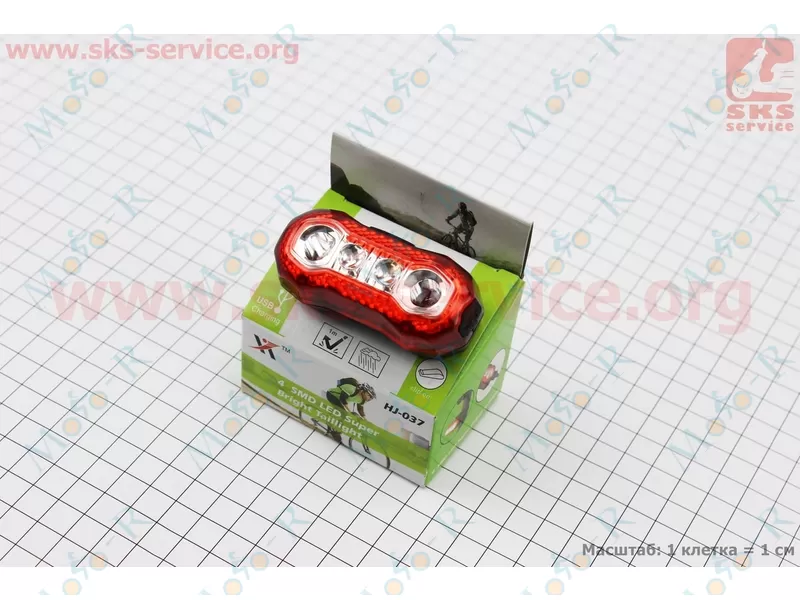 Фото 4 - Фонарь задний 4 диода 100 lumen, Li-ion 3.7V 630mAh зарядка от USB, влагозащитный, HJ-037