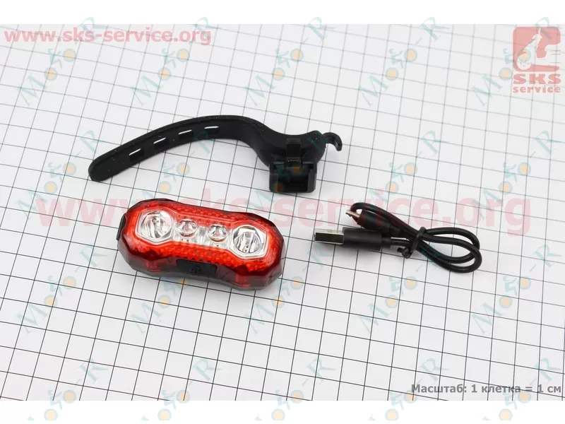 Фото 2 - Фонарь задний 4 диода 100 lumen, Li-ion 3.7V 630mAh зарядка от USB, влагозащитный, HJ-037