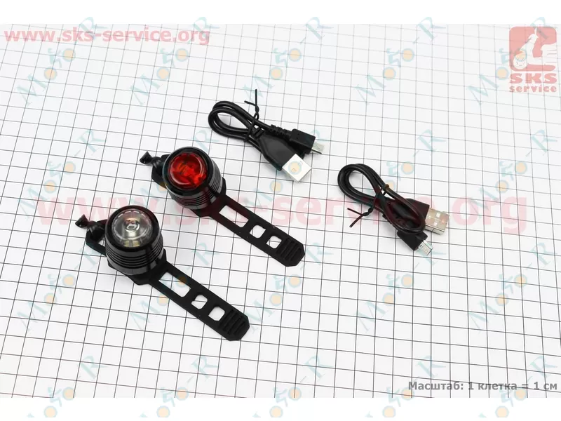 Фото 2 - Фонарь передний 1 диод + задний 1 диод, алюминиевые, Li-ion 3.7V 260mAh зарядка от USB, влагозащитные к-кт, JY-3006U