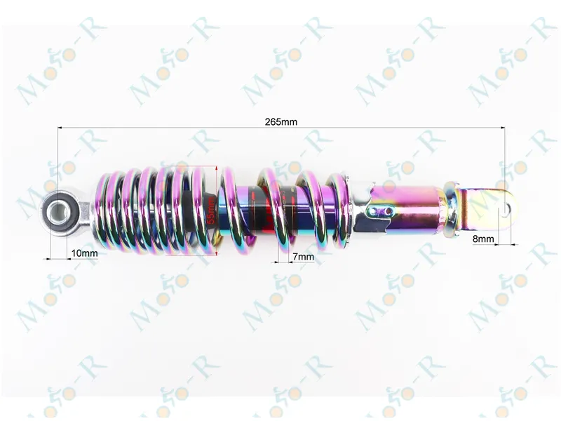 Фото 3 - Амортизатор задний GY6/Yamaha - 265мм*d55мм (втулка 10мм / вилка 8мм) регулир., плазма