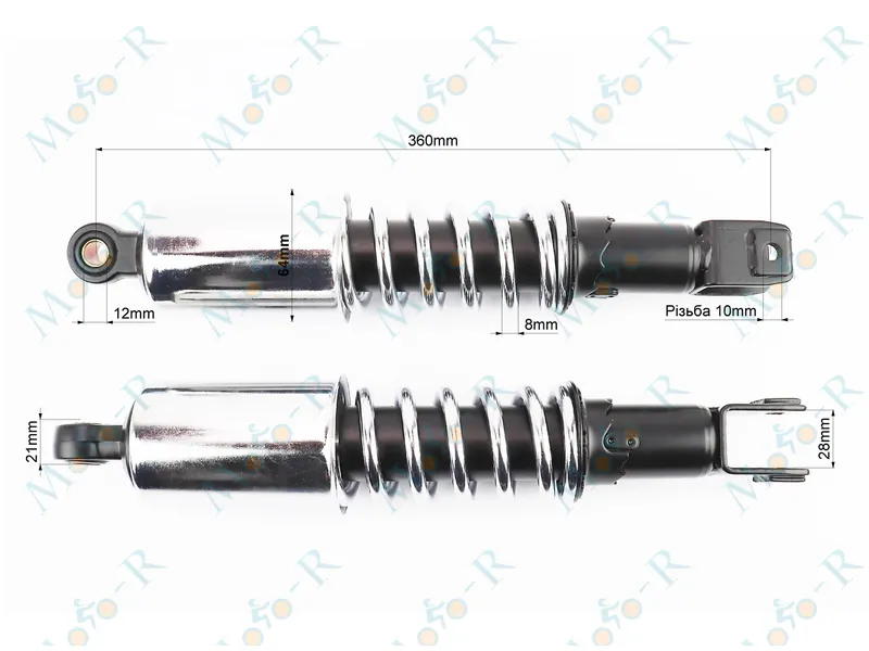 Фото 3 - Амортизатор задній МТ, УРАЛ, К-750 360mm *d64mm (втулка 12mm / вилка 10mm) зі склянкою регул., хром к-кт 2шт